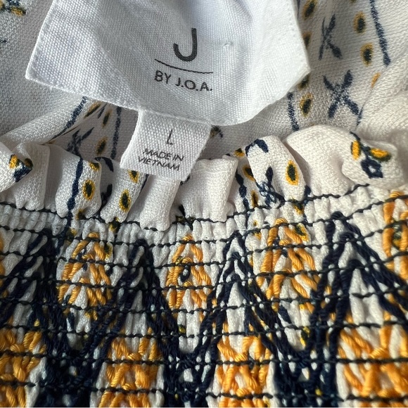 J By J.O.A Smocked Off Shoulder Floral Striped White Top. White, blue, & yellow - Picture 8 of 10